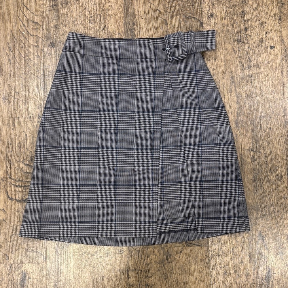 Club Monaco Plaid Belted Mini Skirt Grey Check Size 00 Work Office Preppy